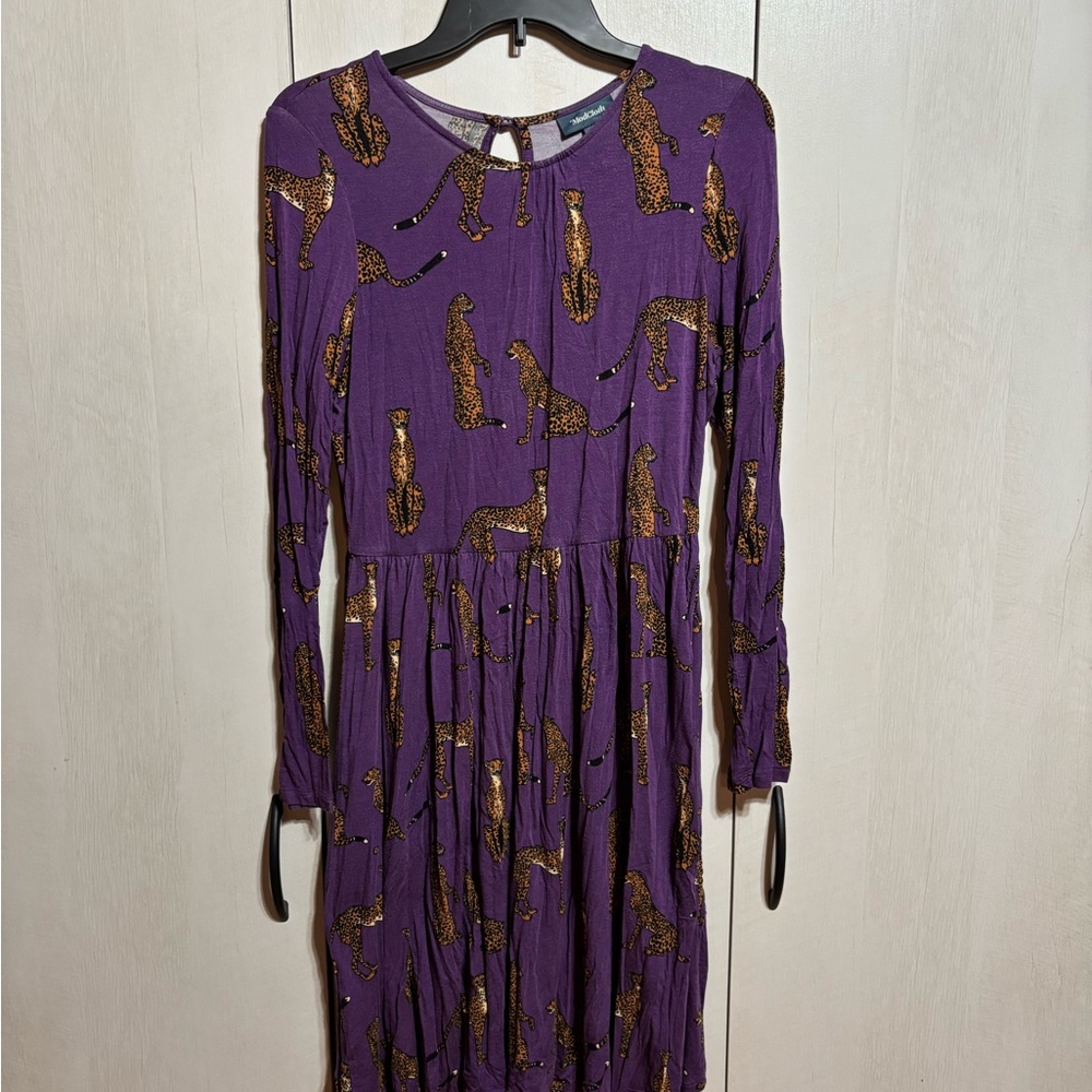 Modcloth Purple Cheetah Stretchy Long Sleeved Dress